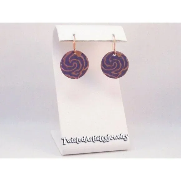 Purple Enameled Copper Swirl Disk Artisan Earrings One-Of-A-Kind Handmade - Picture 3 of 4